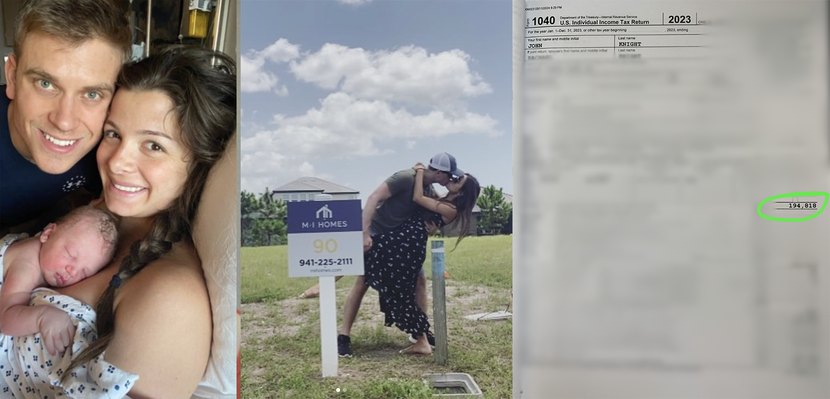 Jack and his wife with their newborn son, standing at the lot of their new home, and the 2023 tax return showing $194,010