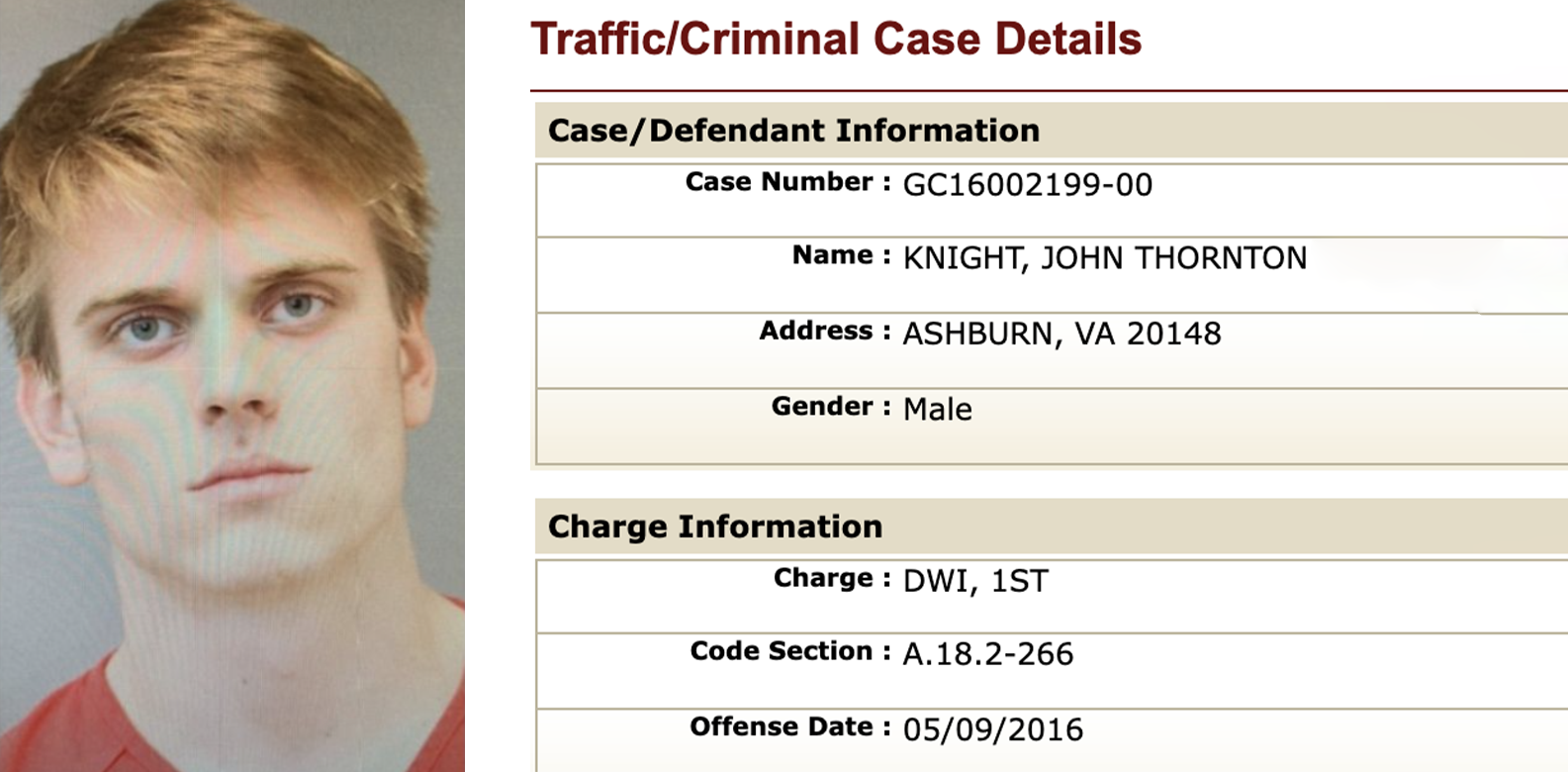 Jack Knight's booking photo alongside the public court record for case GC16002199-00, dated 05/09/2016